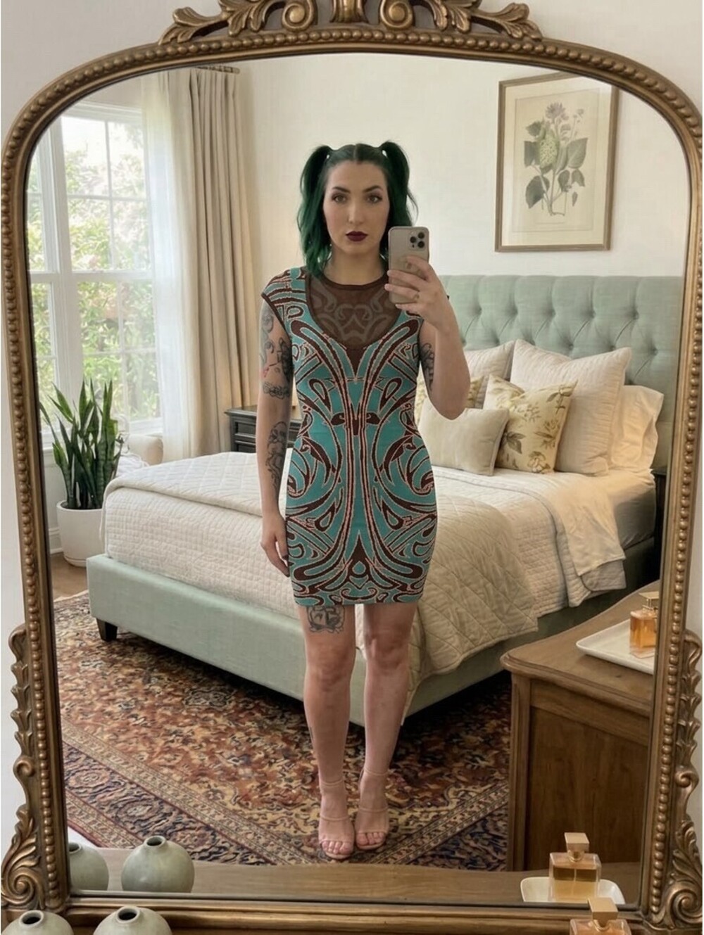 WOW Couture Bandage Dress Teal Brown Symmetrical Scroll Mesh Neck Size Small